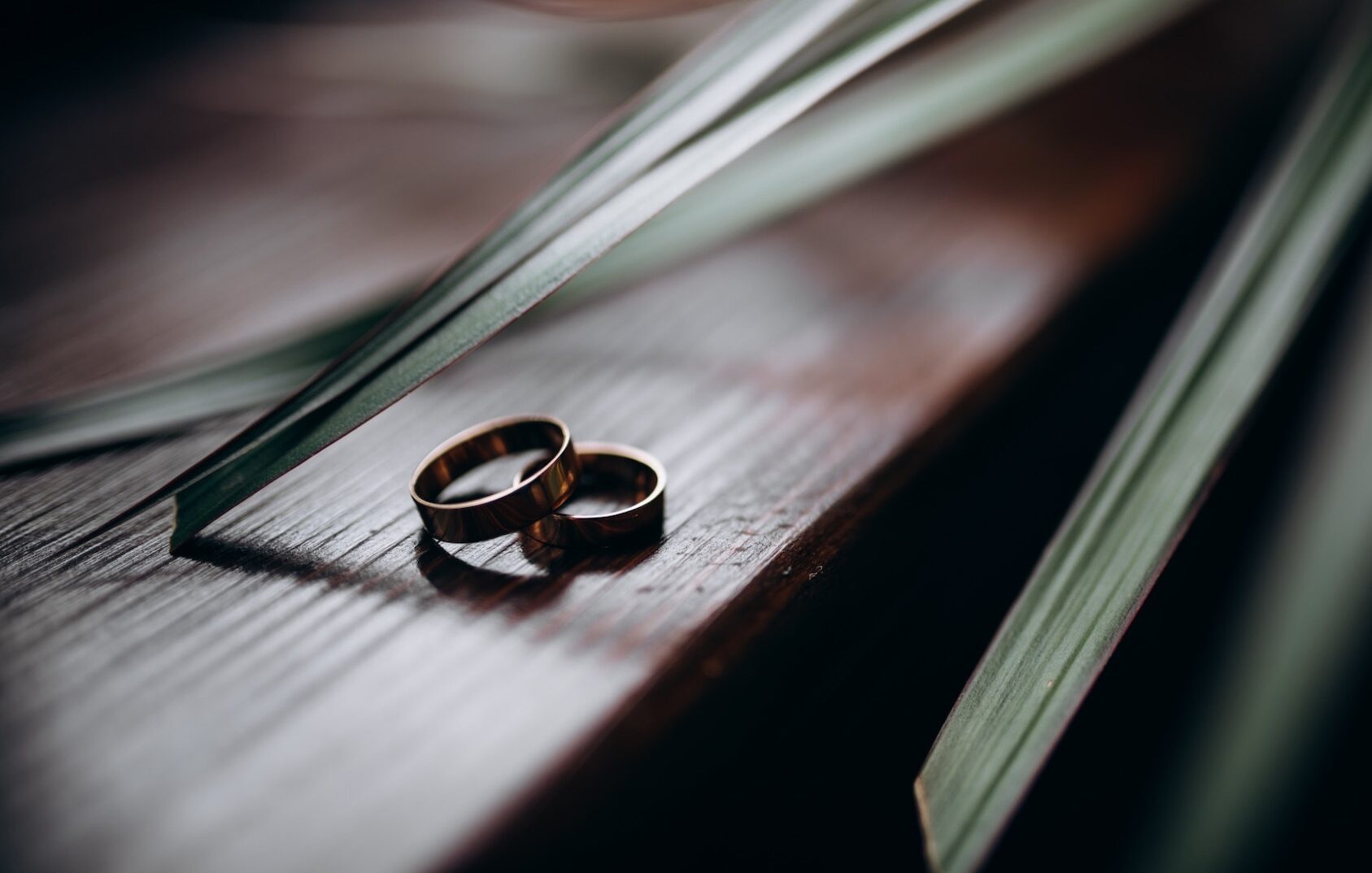 close up of wedding rings on dark wooden table